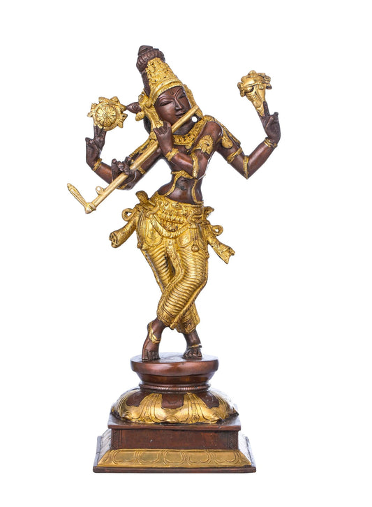 Handmade Brown Gold Brass Statue Depicting Lord Krishna's Cosmic Form, the Eighth Incarnation of Vishnu 14 inches