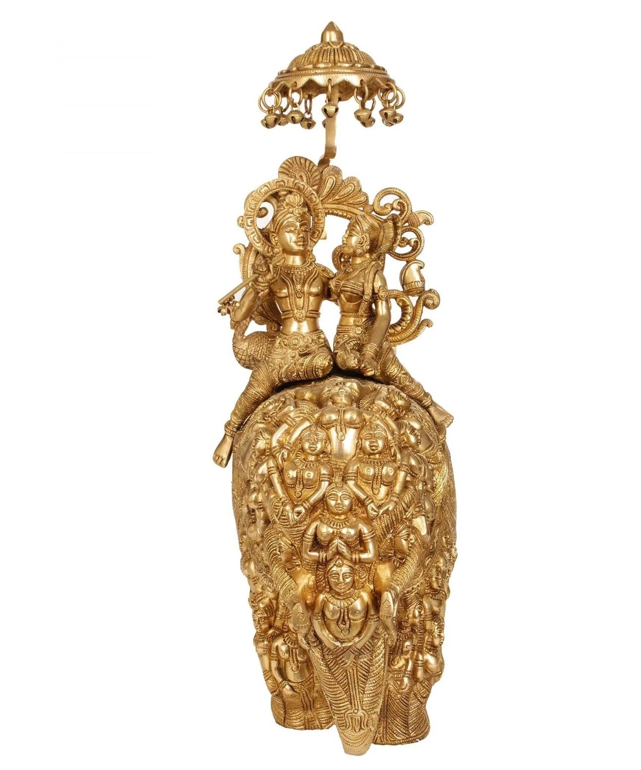 Handmade Natural Brass Statue of Radha and Krishna Riding on an Elephant 23 inches