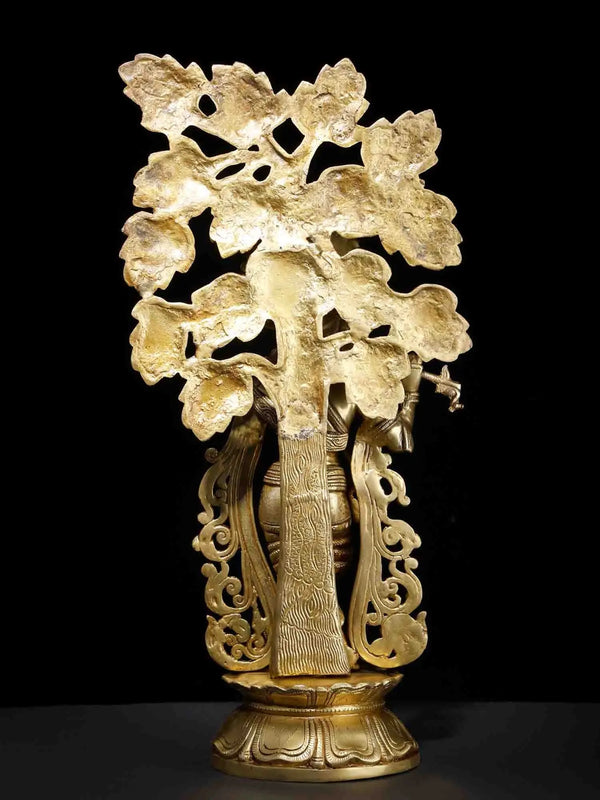 Brass Statue of Lord Krishna Playing Flute Under the Tree | Decor Piece 23 Inches Entryway Setting