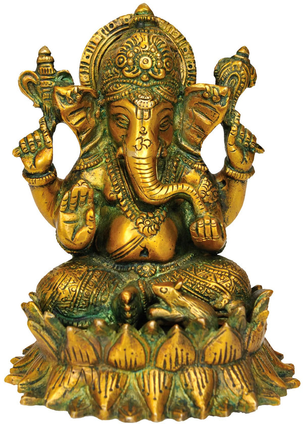 Brass Statue of Lord Ganesha on a Lotus 5 Inches Mandir Setting