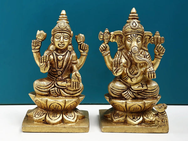 Small Statue of Lakshmi and Ganesha Sitting on a Lotus Pedestal 4 inches Mandir Setting
