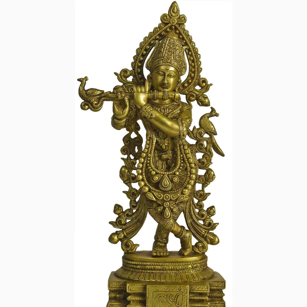 Handmade Natural Brass Statue of Krishna Playing a Divine Flute 15 Inches