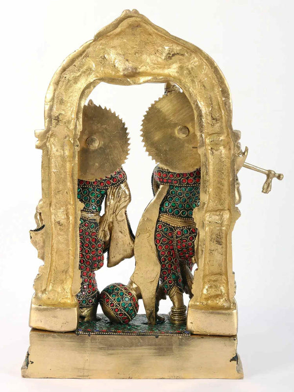 Brass Statue of Radha Krishna with Milk Pot featuring Inlay Work 14 inches Study Setting