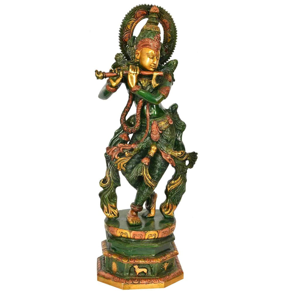 Handmade Brass Statue of Lord Krishna with Long Choti 17 Inches