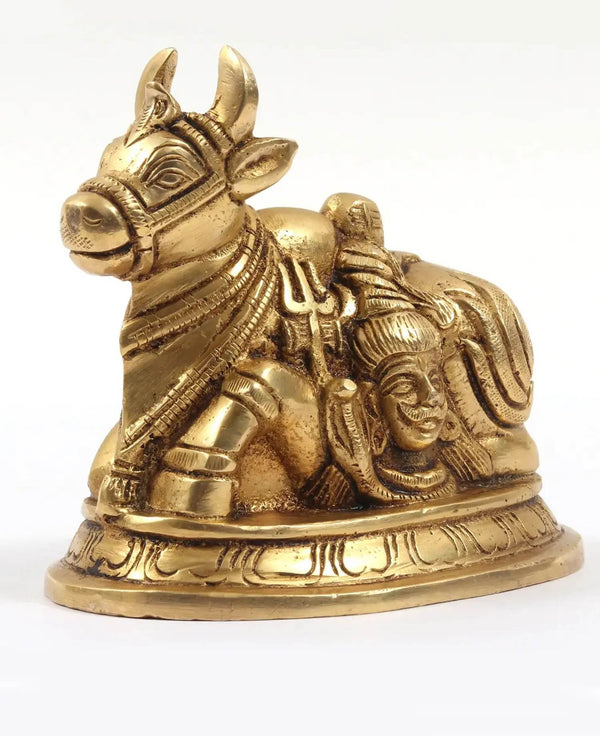 Brass Small Carved Shiva and Parvati on Nandi Statue 4 Inches Mandir Setting