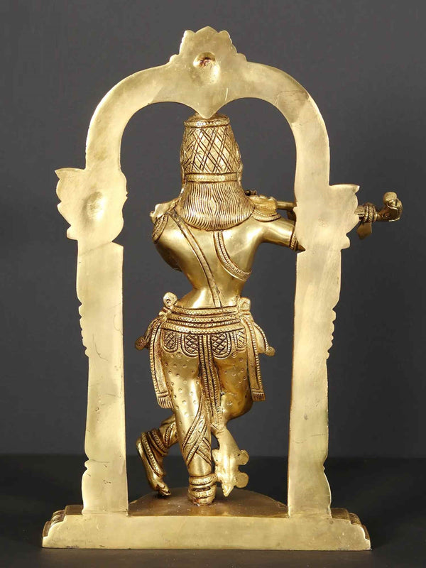 Brass Statue of Tribhanga Murari (Krishna) Playing Flute with Kirtimukha Arch 13 Inches Study Setting
