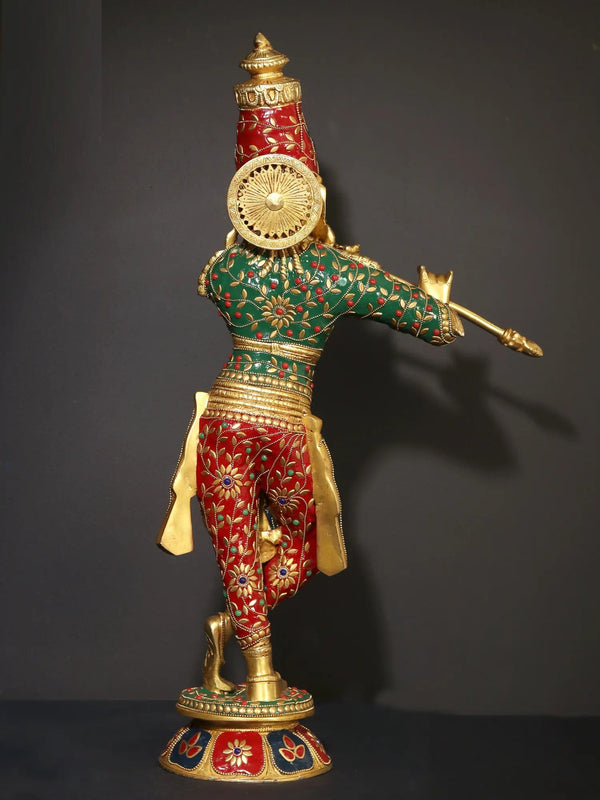 Brass Statue of Bhagawan Shri Krishna Playing the Flute with Inlay Work 23 Inches Study Setting