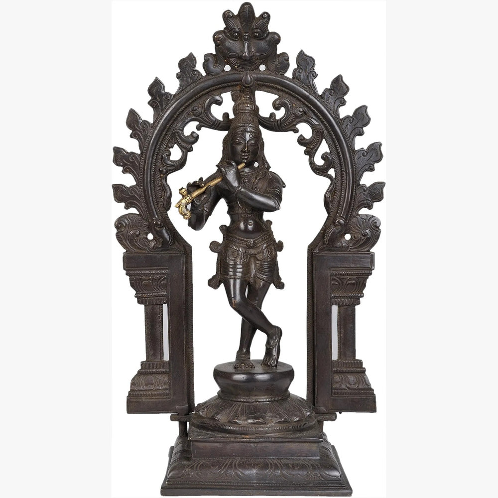 Handmade Indian cocoa Brass Statue of Murali Krishna Before a Floral Aureole, with Kirtimukha 13 INCHES