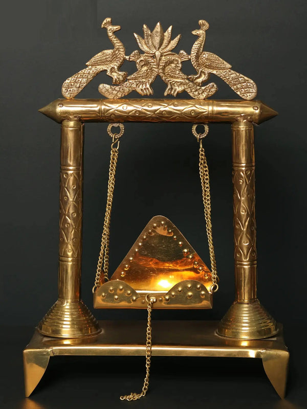 Brass Jhoola with Lotus and Peacock Design for Gods and Goddesses 28 CM Mandir Setting
