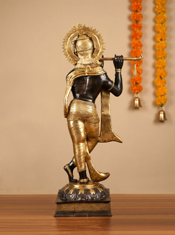 Brass Imposing Lord Murli Krishna, adorned with a long, flowing scarf Idol (Height: 79 Inches) Study Setting