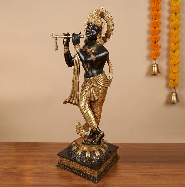 Brass Imposing Lord Murli Krishna, adorned with a long, flowing scarf Idol (Height: 79 Inches) Entryway Setting