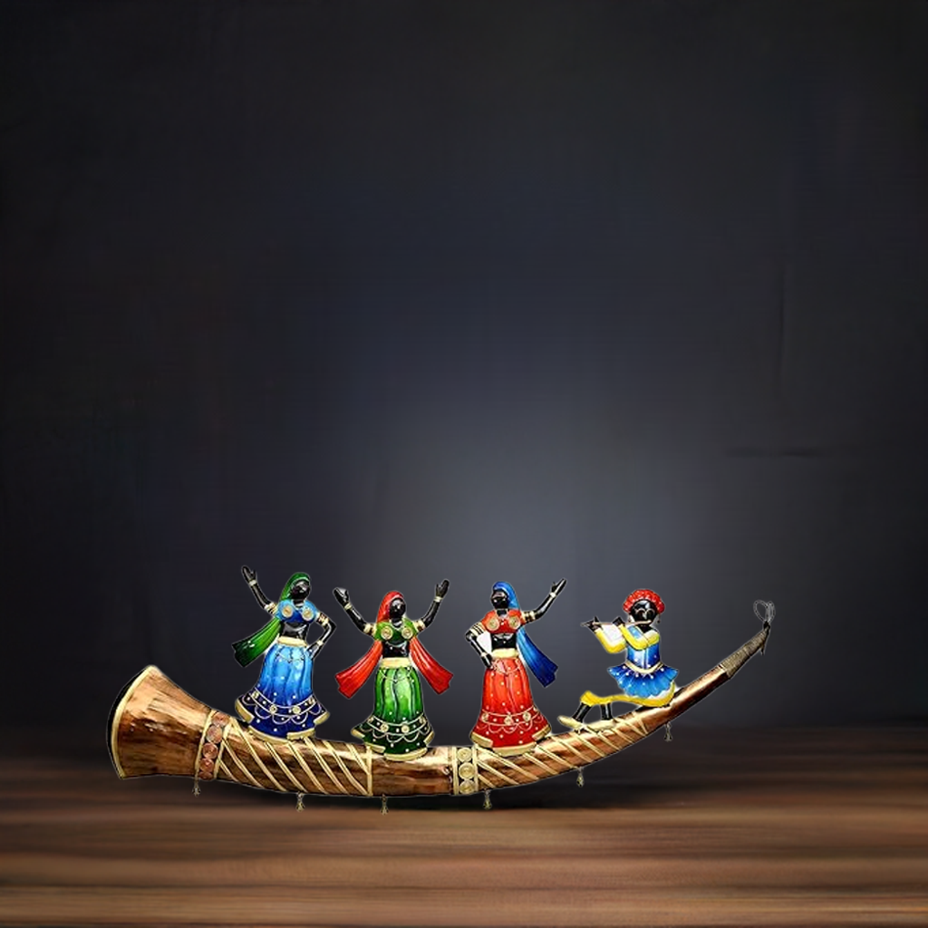 Iron Wall hanging showing Marwari Dance on Trumpet (Height: 29 Inches)