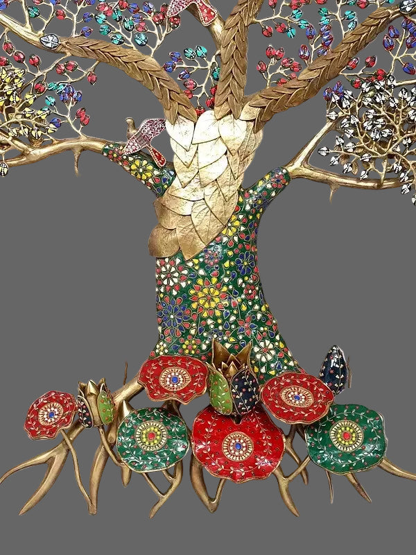 Large Brass Tree of Life Wall Art with Vibrant Inlay Work | Decorative Nature-Inspired Wall Hanging for Home & Office Décor (Height: 76 Inches) Craft Detail