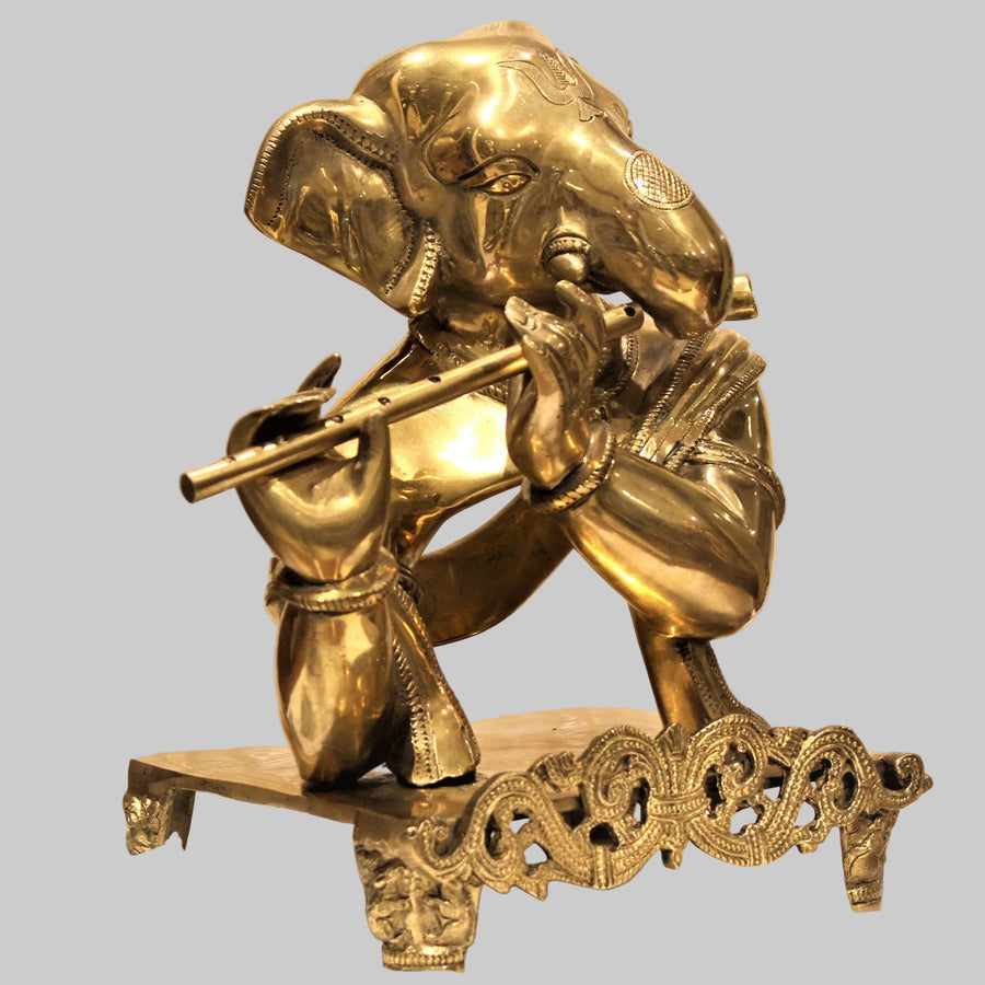 Brass Flute-Playing Ganesha Statue | Antique Finish Home Decor Showpiece (Height: 11 Inches) Craft Detail