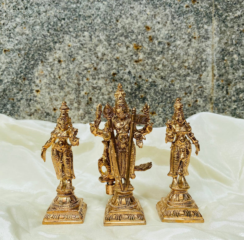Set of 3 Handmade Panchaloha Lord Murugan with Valli Deivani Copper Idols 4 inches