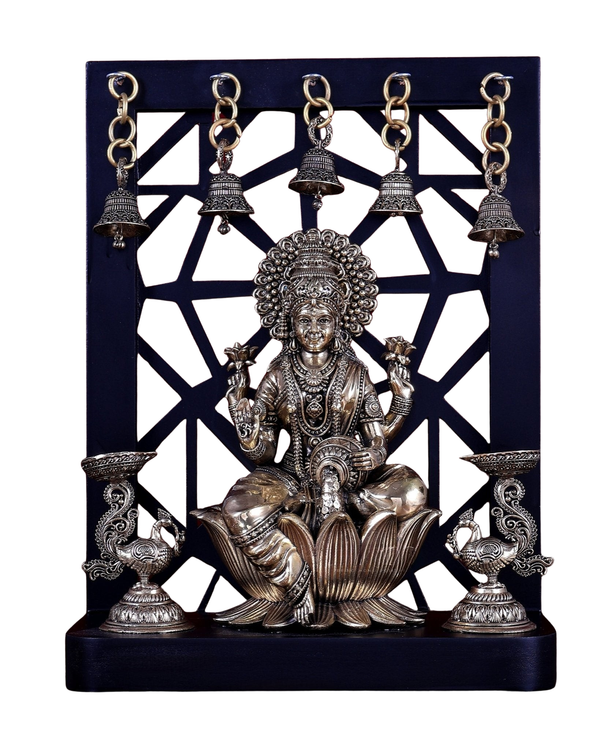 Superfine Brass Lakshmi Lotus Idol with Annam Lamps & Bells (Height :12 Inches) Mandir Setting