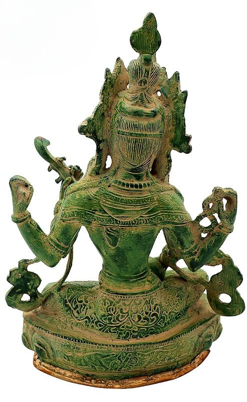 Brass Idol of Seated Chaturbhujadharini Saraswati in Nepalese Iconography 12 inches Study Setting