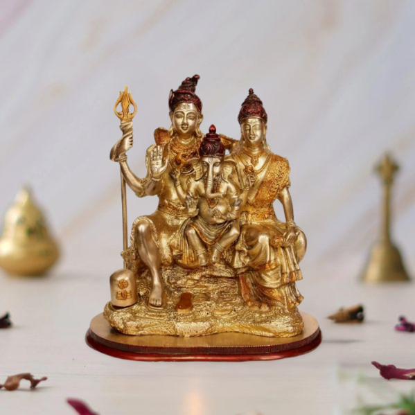 Brass Shiva-Parvati Statue with Ganesha 13 inches Mandir Setting