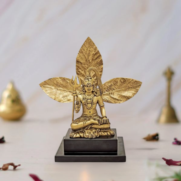 Brass Mahadev Shiva Idol in Ashirwad Mudra Sitting with a Bel/Bilva Leaf Background 11 Inches Mandir Setting