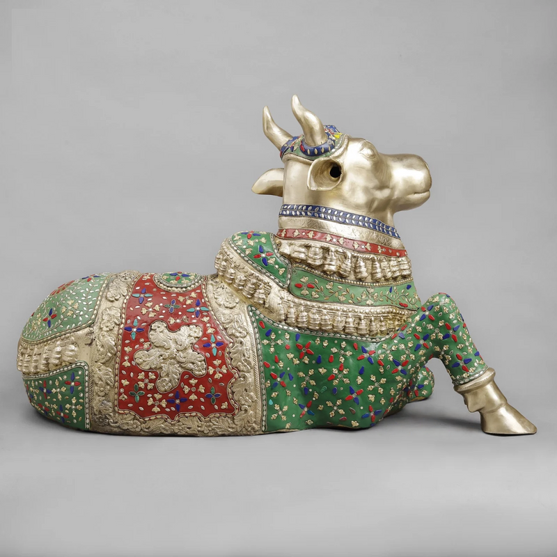 Brass Nandi Seated Floral Stone Work Sculpture (Height: 22 Inches)