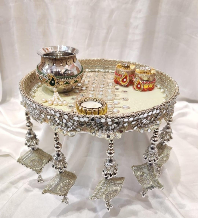 AONA Steel Handcrafted Pooja Thali for Raksha bandhan, Karva Chauth & Bhai Dooj Plate white