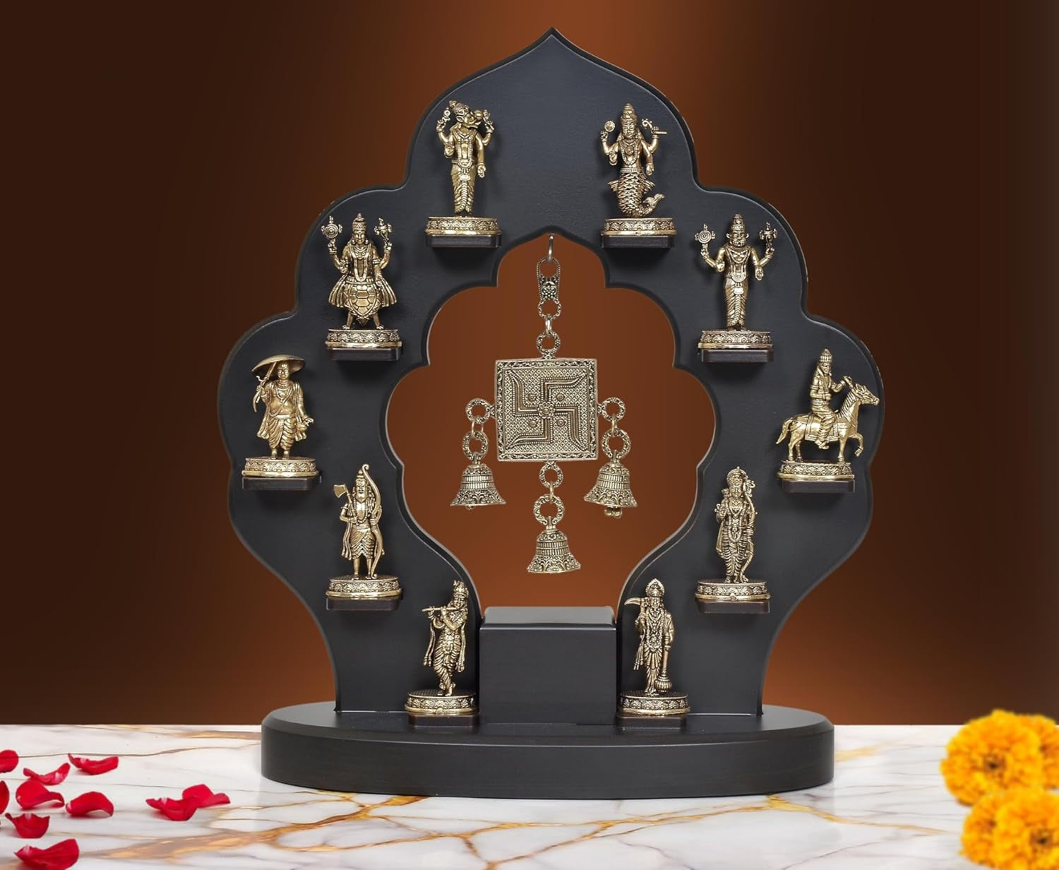 AONA Superfine Brass Dashavatara of Vishnu Swastik with Bells and Wooden Frame Wall Hanging (Height: 14.5 Inch)