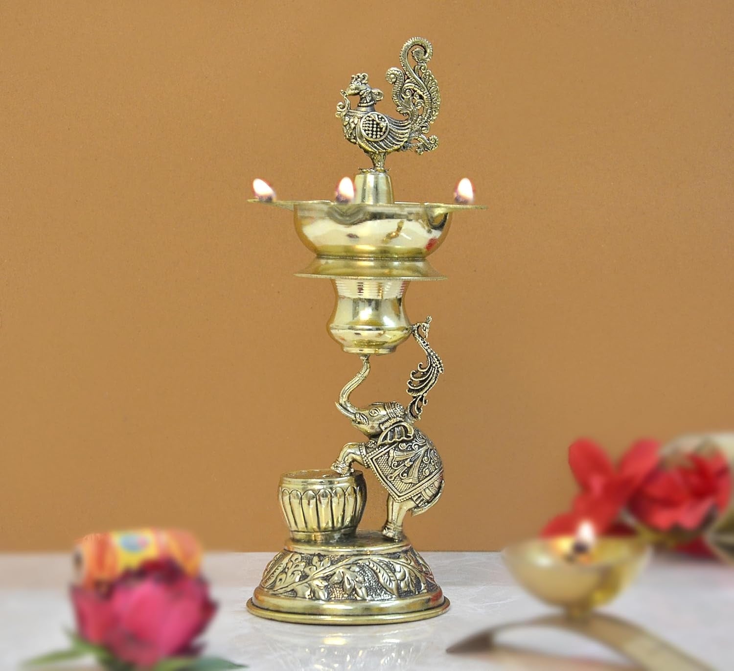 Superfine Brass Elephant with Peacock Oil Lamp Diya (Height: 8.5 Inches)