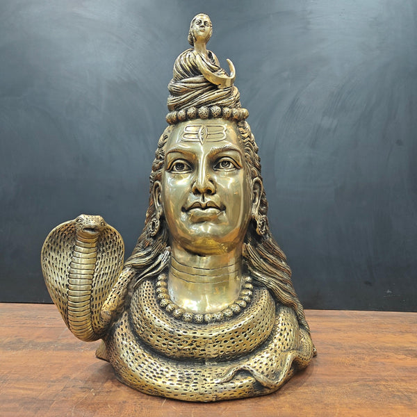 Brass Lord Shiva Head Bust With Moon and River Ganga Height 27 Inch Mandir Setting