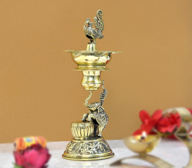 Bronze Elephant with Peacock Oil Lamp Diya (Height: 8.5 Inches)