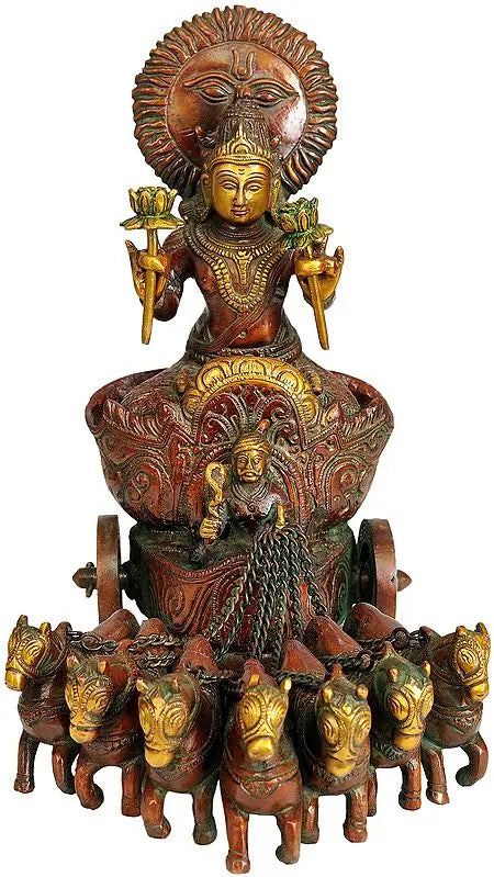 Brass Lord Surya Statue (Height: 11 Inches) Entryway Setting