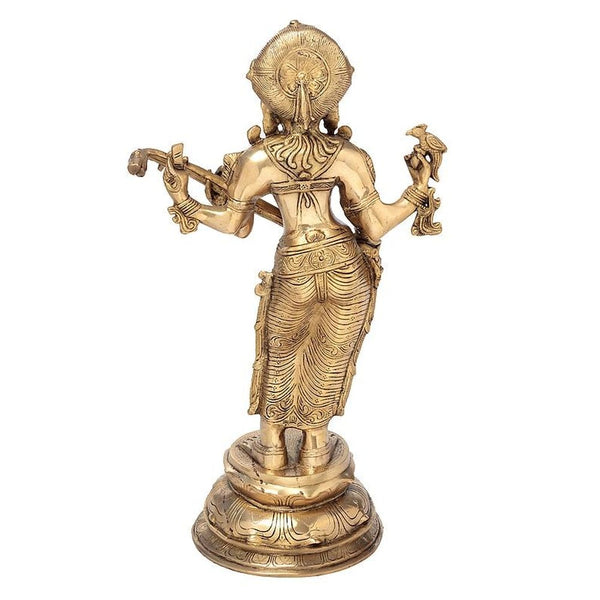 Four-Armed Standing Saraswati in Brass | Handmade - 23 Inch Study Setting
