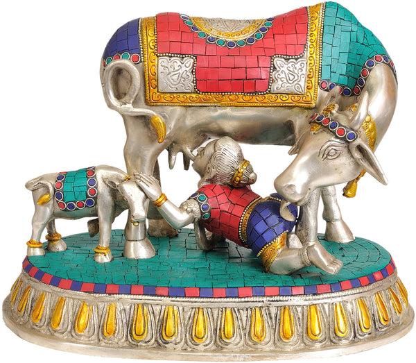 Brass Handmade Baby Krishna Drinking Milk Idol (Height: 10 Inches) Entryway Setting