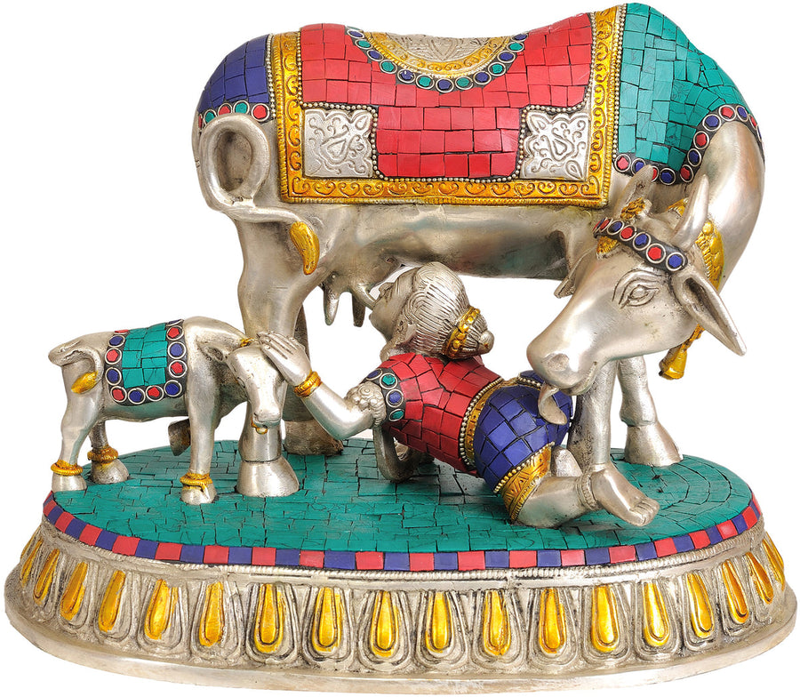 Brass Handmade Baby Krishna Drinking Milk Idol (Height: 10 Inches) Craft Detail