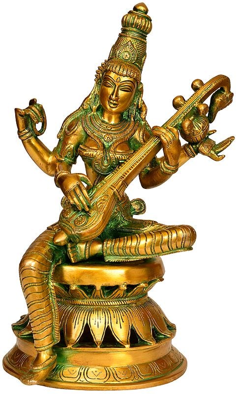 Goddess Saraswati Playing the Veena in Brass 12 Inches Mandir Setting