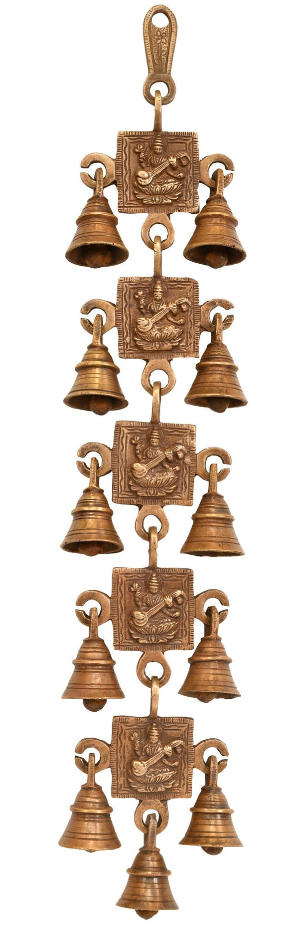 Goddess Saraswati Wall Hanging with Bells in Brass - 18 Inch Mandir Setting