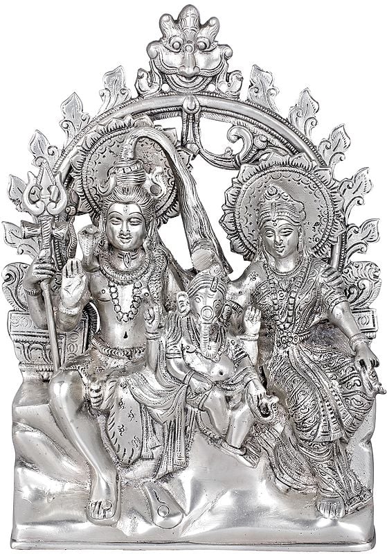 Handmade Brass Shiva Family Idol | 10 Inches , alluring silver Mandir Setting