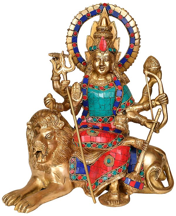 Handmade Brass Simhavahini Maa Durga Statue | Traditional Goddess Durga Idol Seated on Lion (Height: 12 Inches) Craft Detail