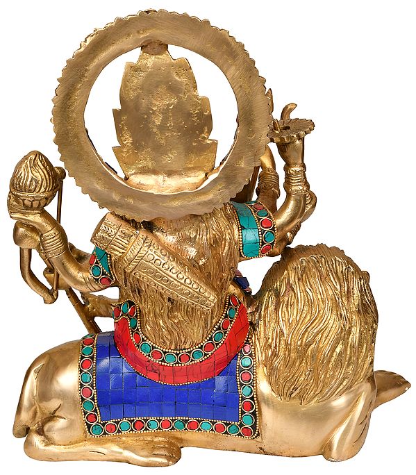 Handmade Brass Simhavahini Maa Durga Statue | Traditional Goddess Durga Idol Seated on Lion (Height: 12 Inches) Study Setting