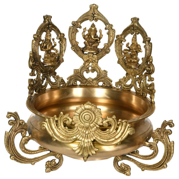 Brass Urli with Lakshmi, Ganesha, and Saraswati (Height: 15 Inches) Mandir Setting