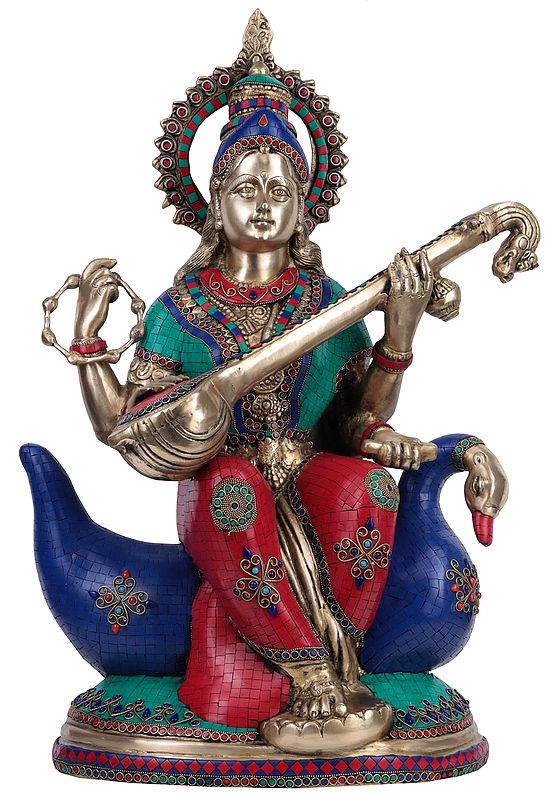Brass Goddess Saraswati Seated On a Swan Colossal Idol (Height: 28 Inches) Entryway Setting