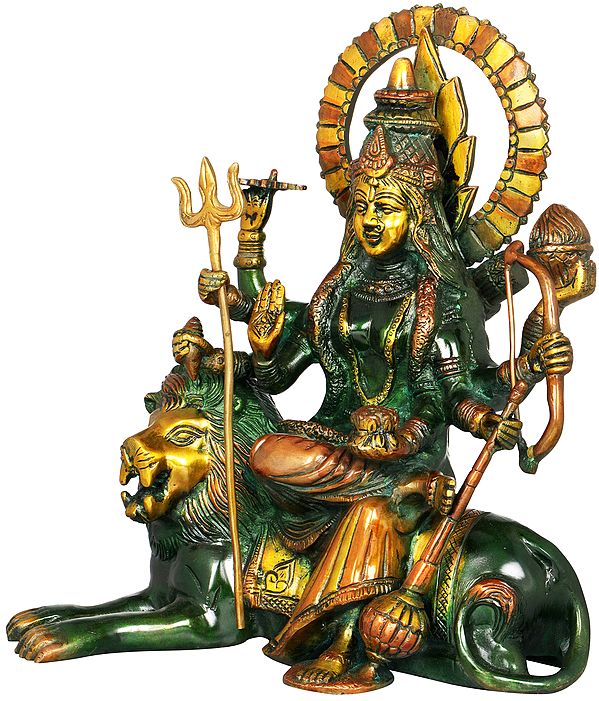 Handcrafted Brass Ashtabhuja Maa Durga Statue | Eight-Armed Goddess Seated on a Lion | Traditional Indian Artistry (Height: 12 Inches) Study Setting