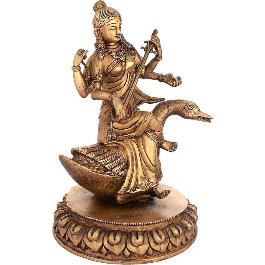 Goddess Saraswati Brass Idol | Handmade 13 inches Craft Detail