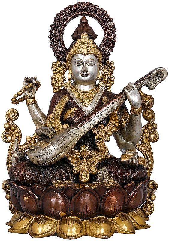 Handmade Kamalasana Goddess Saraswati in Brass 12 inches Mandir Setting
