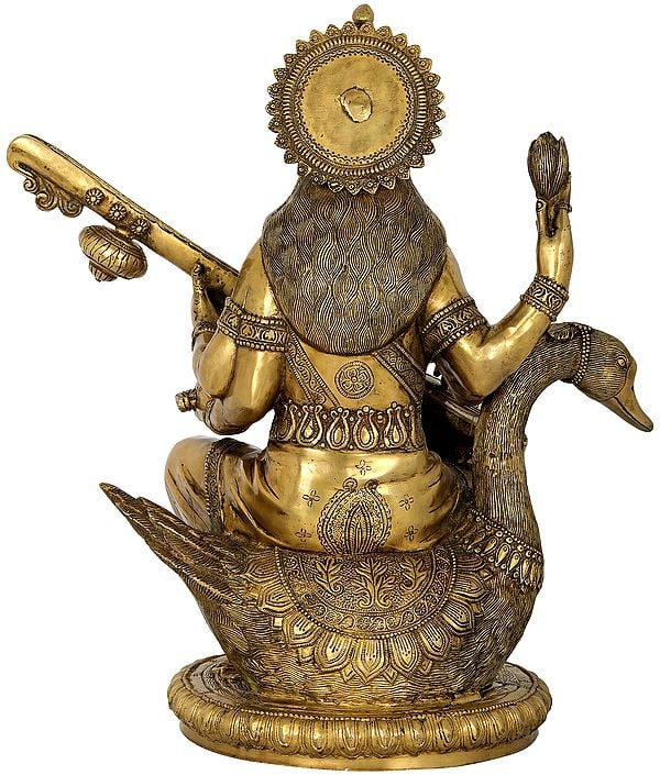 Brass Sculpture of Goddess Saraswati 24 inches Study Setting