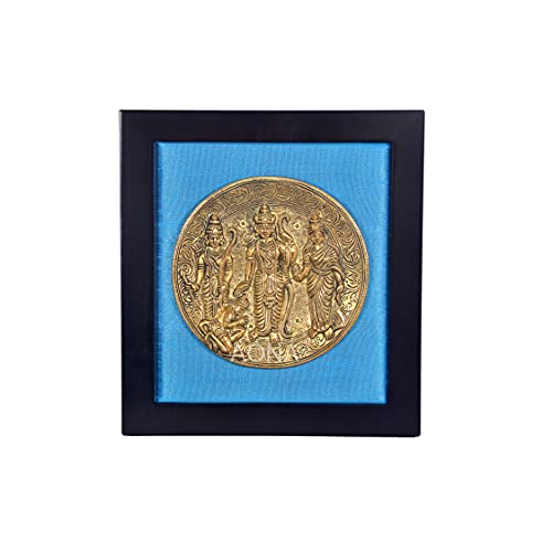 Brass Ram Darbar Plate in Wooden Frame (Length 12.5 Inch) (Blue) Study Setting
