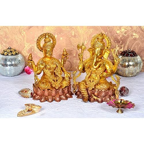 Brass Ganesha Lakshmi on pink lotus Idol (Height - 10') Mandir Setting