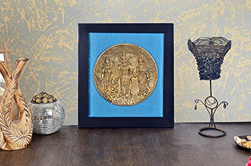Brass Ram Darbar Plate in Wooden Frame (Length 12.5 Inch) (Blue)