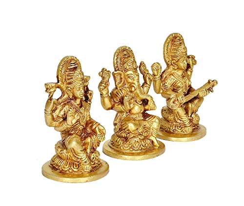 Brass Goddess Lakshmi Ganesha Saraswati Idol (Height 5 inch) Study Setting