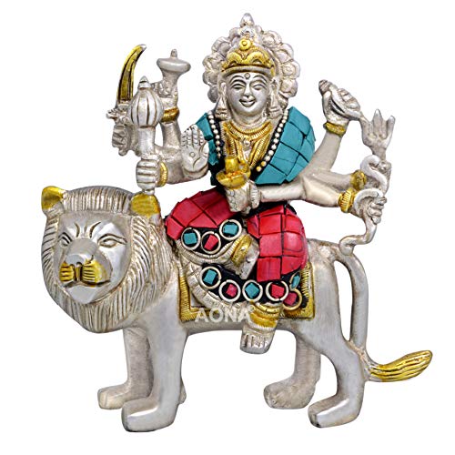 Brass Mother Durga on lion, Silver (Height 5 Inches)