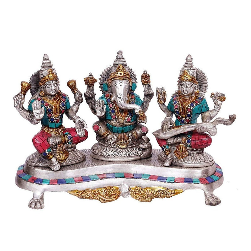 Brass Ganesh Lakshmi Saraswati silver colour (Height: 7 inches)